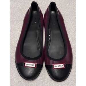 Hunter Womens Rubber Ballet Flats Burgundy Black Cap Toe Waterproof Shoes US 7